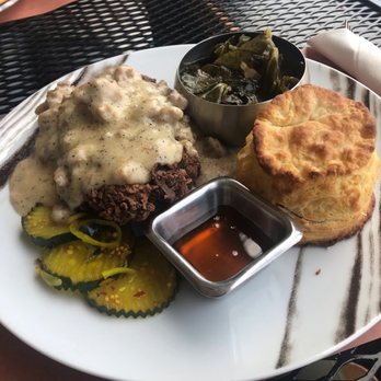 Rood - $14 Country Chicken and Gravy -- fried chicken breast, sausage gravy, collard greens, biscuit, & honey - Desserts Near Me - Lakewood, Ohio