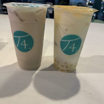T4 - Mango Coconut Milk with green tea jelly & agar pearl (right) - Bubble Tea Near Me - Portland, Oregon