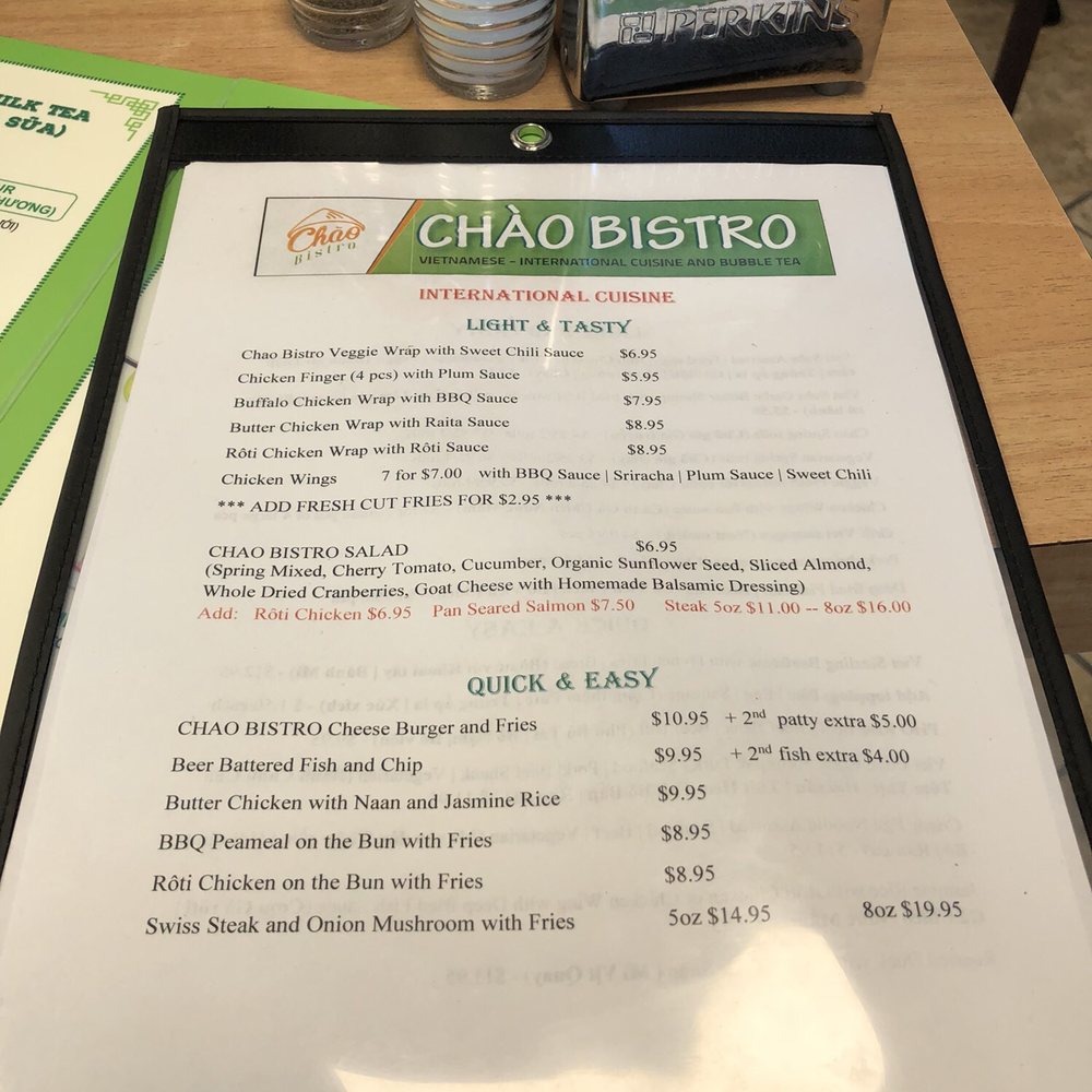 Chao Bistro - Main food menu page 1/2 at Chao Bistro - Vietnamese Near Me - Guelph, Ontario Chao Bistro - Main food menu page 1/2 at Chao Bistro - Vietnamese Near Me - Guelph, Ontario