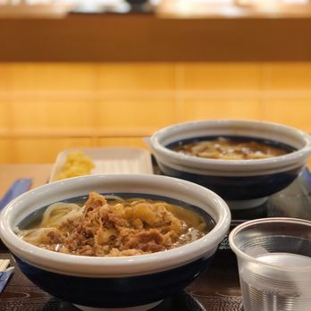Marugame Udon - #11 beef udon in front and #10 curry udon in back - Japanese Near Me - Costa Mesa, California