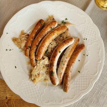 Hacker-Pschorr - Nuremberg style sausage on a bed of the best sauerkraut ever! - Bavarian Near Me - Regensburg, BY