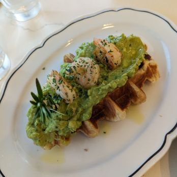 Sweet Maple - Chunky lemony smashed avocado with prawns on top of a waffle - Breakfast & Brunch Near Me - Cupertino, California