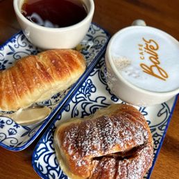 Tea, latte, and pastries