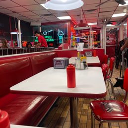 a diner with red booths