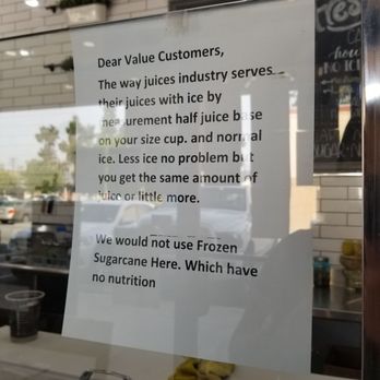 Fresh Cane Juice - Notice about ice vs juice levels - Juice Bars & Smoothies Near Me - Rosemead, California