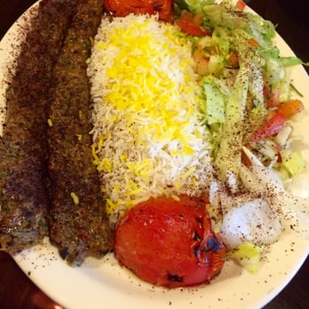 Caspian Grill - VG1- Vegan Kabob with saffron rice, stewed tomatoes, and salad - Persian/Iranian Near Me - Austin, Texas Caspian Grill - VG1- Vegan Kabob with saffron rice, stewed tomatoes, and salad - Persian/Iranian Near Me - Austin, Texas