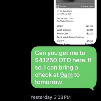 Webb Ford - Manager says he can't get me the OTD price. Only to change his mind and say price is 2K+ higher the next morning. - Car Dealers Near Me - Highland, Indiana Webb Ford - Manager says he can't get me the OTD price. Only to change his mind and say price is 2K+ higher the next morning. - Car Dealers Near Me - Highland, Indiana