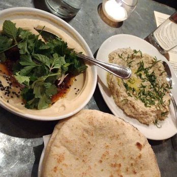 Mediterranean Exploration - A really nice Baba Ghanoush or Lebanese Baked Eggplant, some fresh Pita bread and a very nice Crispy Lamb on Hummus. Delicious - Mediterranean Near Me - Portland, Oregon