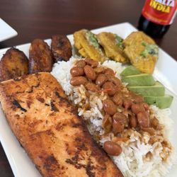 Medina Kitchen - My Plate (Salmon, White Rice, Red Beans, Fried Sweet Plantain, Tostones, Avocado & Malta)