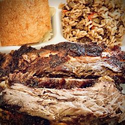 BJ's Nevada Barbecue - Wednesday Weekday Special: 3-BBQ Beef Rib platter w/ choice of 2 sides: dirty rice (R) and potato salad (not pictured) plus cornbread (L)
