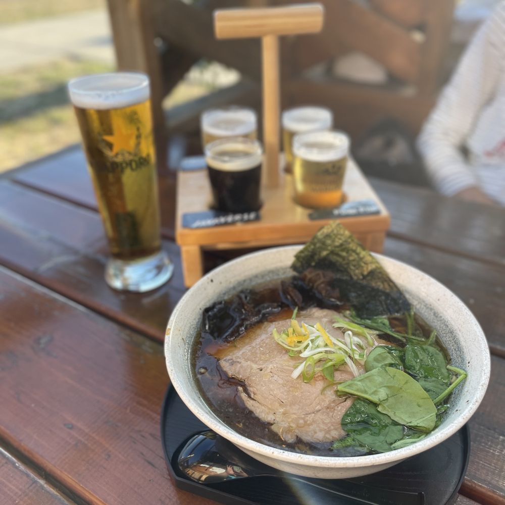 Shoyu ramen with beer flight Shoyu ramen with beer flight