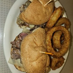 Latham '76 Diner - Prime rib sandwich with onion rings for side