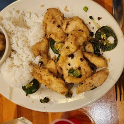 Happy Buddha - Jalapeño chicken, white rice ,sweet & sour pork, & egg roll ( not in picture) combination