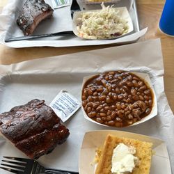 The Notorious P.I.G. - We split a 1/2 rack ribs so we each had a 1/4 rack , 3 ribs each, cornbread, slaw, mac&cheese, beans.