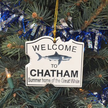 Chatham Stoneware - Possibly the Coolest Ever sign "Welcome To Chatham Summer Home of the Great White" - now in Christmas Tree decoration size! - Arts & Crafts Near Me - Chatham, Massachusetts