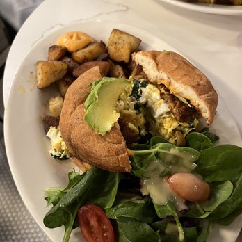 Cafe Bonjour - Plant-Based Sausage and Egg SANDWICH on gluten free bagel - Breakfast & Brunch Near Me - Boston, Massachusetts
