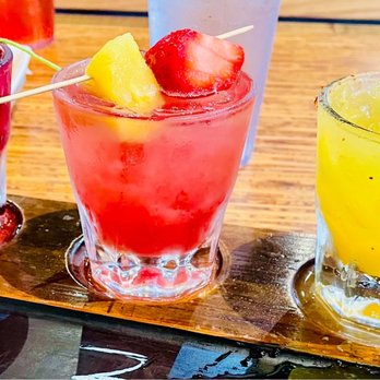 Zim Zari - Margarita Flights - prickly pear (left), strawberry pineapple (center), mango fuego (right) - Burgers Near Me - Trinity, Florida Zim Zari - Margarita Flights - prickly pear (left), strawberry pineapple (center), mango fuego (right) - Burgers Near Me - Trinity, Florida