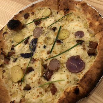 Old Scratch Pizza - "Limited Time" Pizza:  cream base, fingerling potatoes, leeks, applewood smoked bacon, gruyere, tallegio, chives. - Pizza Near Me - Centerville, Ohio