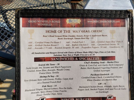 Menu photo 7 Berger Bros Pub Winfield, IL