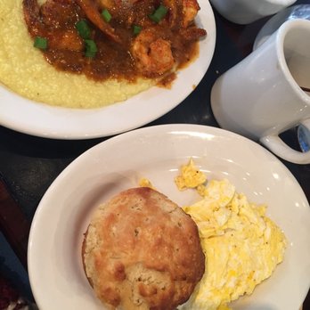 4 Brothers Breakfast - Spicy bayou shrimp & grits, two fried eggs, biscuit, and coffee - Southern Near Me - Warren, New Jersey 4 Brothers Breakfast - Spicy bayou shrimp & grits, two fried eggs, biscuit, and coffee - Southern Near Me - Warren, New Jersey