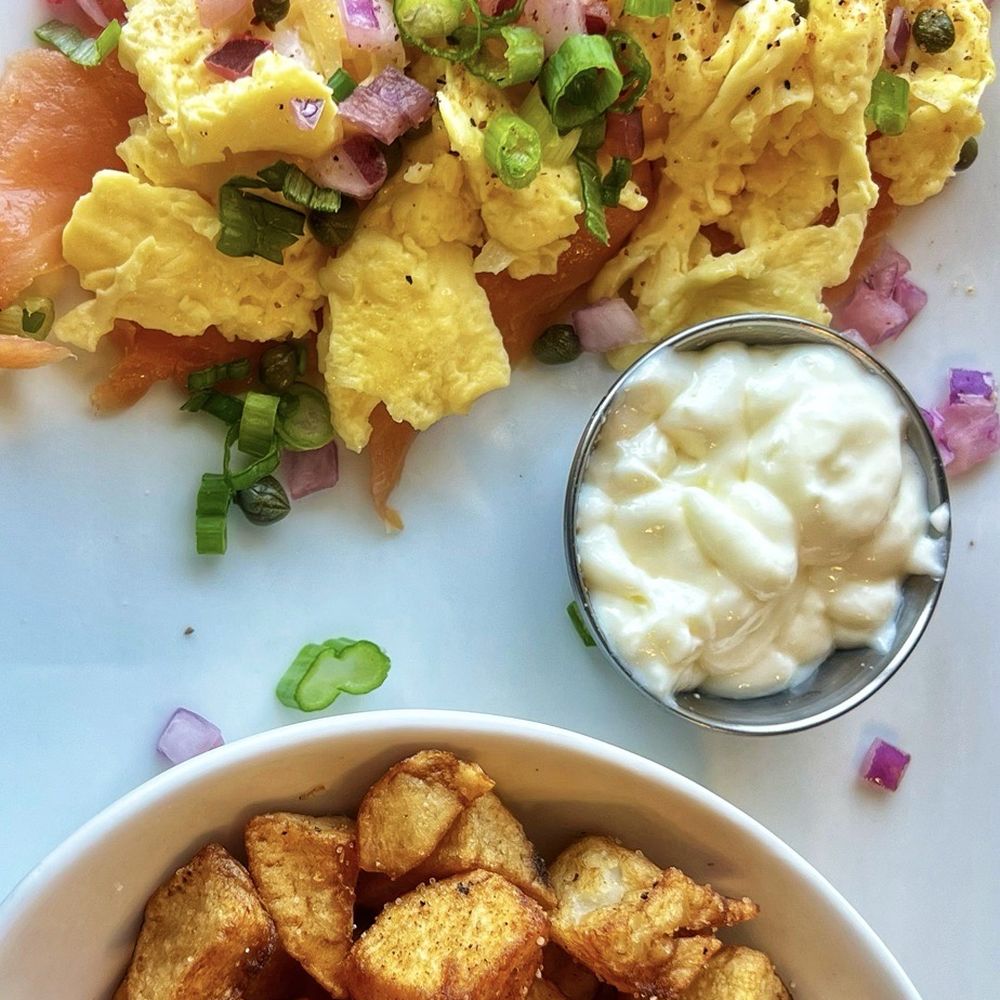 Smoked Salmon Benedict-No bread, eggs scrambled Smoked Salmon Benedict-No bread, eggs scrambled
