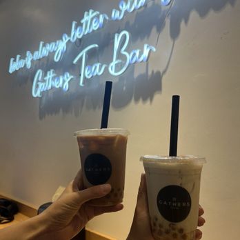 Gathers Tea Bar - Left: chai tea latte with golden boba Right: banana milk with golden boba - Bubble Tea Near Me - Chicago, Illinois Gathers Tea Bar - Left: chai tea latte with golden boba Right: banana milk with golden boba - Bubble Tea Near Me - Chicago, Illinois