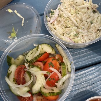 Huckleberry - Summer salad (cucumbers & tomatoes in vinaigrette) and coleslaw - Seafood Near Me - Austin, Texas Huckleberry - Summer salad (cucumbers & tomatoes in vinaigrette) and coleslaw - Seafood Near Me - Austin, Texas