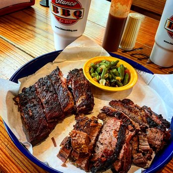 Blanco BBQ - 1/2lb of brisket, some ribs, and some delicious green beans. See more on IG @cheatday_sa - Barbeque Near Me - San Antonio, Texas
