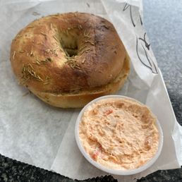 Toasted rosemary bagel and sun-dried tomato cream cheese-YUM! Would order again! Toasted rosemary bagel and sun-dried tomato cream cheese-YUM! Would order again!