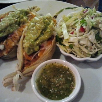 Green Temple - Homemade polenta-stuffed tamales topped with guacamole and soy cheese (NOT vegan), "Mexican cole slaw" and tomatillo salsa. YUM! - Vegetarian Near Me - Redondo Beach, California