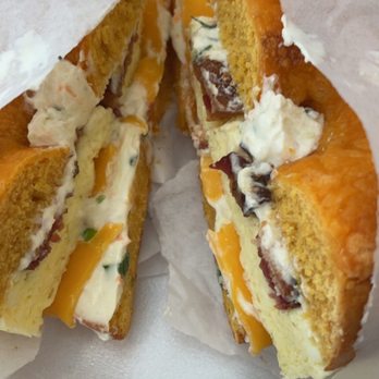 Bagel Gourmet - Breakfast sandwich with bacon and vegetable cream cheese spread all on a cheddar bagel - Bagels Near Me - Phoenix, Arizona