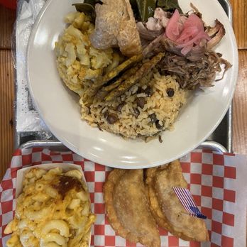 Boricua Soul - Boricua Soul Bowl which included: Rice, Mac and Cheese, Pernil, Collards Greens and tostones. I also had 2 Empanadas - Soul Food Near Me - Durham, North Carolina