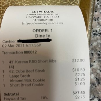 Le Paradis - Receipt - Vietnamese Near Me - Hayward, California Le Paradis - Receipt - Vietnamese Near Me - Hayward, California
