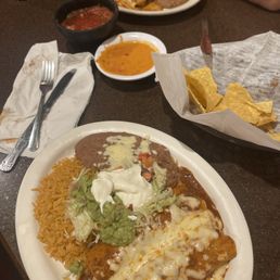 Chicken 5. Two Enchiladas, Rice and Beans Combo Chimichanga rice and beans. Chicken 5. Two Enchiladas, Rice and Beans Combo Chimichanga rice and beans.