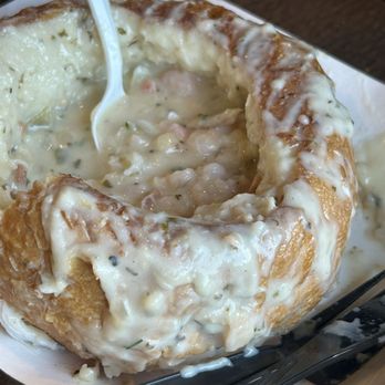 Breakwater Seafoods & Chowder House - Loaded clam chowder bowl. 28$ Not worth it. No it was messy on the outside before we dug in. It didn't look cute either it looked sloppy. - Seafood Markets Near Me - Aberdeen, Washington