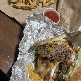 Five Guys - Regular fries and double bacon cheeseburger with the works - Burgers Near Me - San Leandro, California Five Guys - Regular fries and double bacon cheeseburger with the works - Burgers Near Me - San Leandro, California