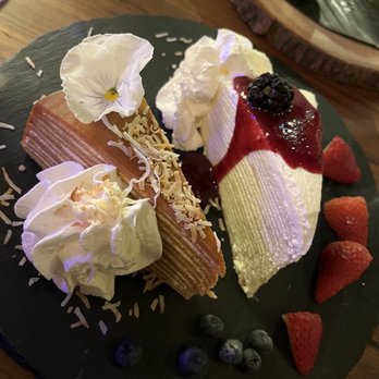 Temsib Eatery & Bar - Thai Tea Crepe Cake (Lett) and Crepe Cake (Right) - Thai Near Me - Bellevue, Washington Temsib Eatery & Bar - Thai Tea Crepe Cake (Lett) and Crepe Cake (Right) - Thai Near Me - Bellevue, Washington