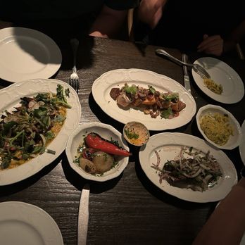 Suraya - Entrees (left to right): king oyster mushroom, salmon, beef kabob - Lebanese Near Me - Philadelphia, Pennsylvania Suraya - Entrees (left to right): king oyster mushroom, salmon, beef kabob - Lebanese Near Me - Philadelphia, Pennsylvania