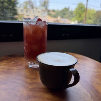 Rock Coffee House - Iced Sour Candy tart cherry mocktail and iced cappuccino - Coffee & Tea Near Me - Los Angeles, California