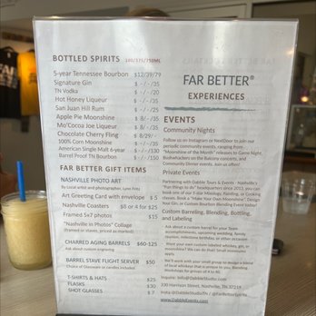 Far Better Distillery - a menu for a drink - Distilleries Near Me - Nashville, Tennessee Far Better Distillery - a menu for a drink - Distilleries Near Me - Nashville, Tennessee