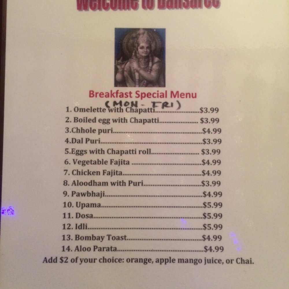 Bansaree Indian Restaurant - Breakfast Menu - Indian Near Me - St Catharines, Ontario