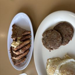 French toast, sausage, and eggs