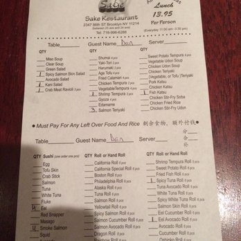 Sake Sushi - This is the list the check off items and quantity, this can be done as many times as the diners wish. - Sushi Bars Near Me - Brooklyn, New York Sake Sushi - This is the list the check off items and quantity, this can be done as many times as the diners wish. - Sushi Bars Near Me - Brooklyn, New York