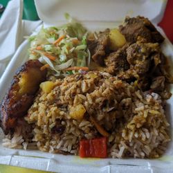 Akye Cuisine & Catering 2 - Curry Goat, rice and peas, cabbage, and plantain