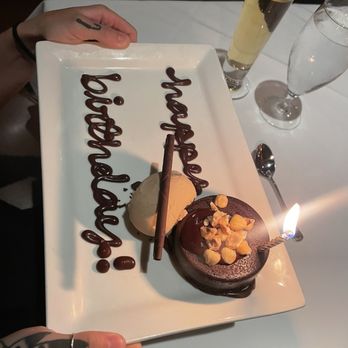 The Chop House Grand Rapids - Hazelnut Espresso cake with Gelato (+ Happy Birthday in chocolate) - Steakhouses Near Me - Grand Rapids, Michigan The Chop House Grand Rapids - Hazelnut Espresso cake with Gelato (+ Happy Birthday in chocolate) - Steakhouses Near Me - Grand Rapids, Michigan