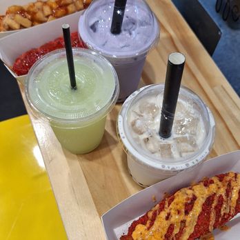 Oh K-Dog Forest Hills - Sweet Pototo, and Hot Cheetos toping and three refreshing drinks.... - Hot Dogs Near Me - Forest Hills, New York