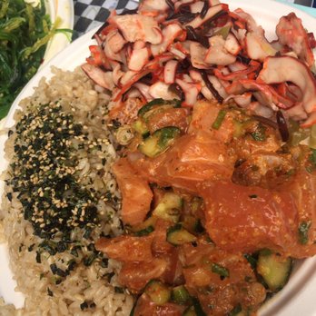 Seattle Fish Guys - Salmon poke with squid salad and brown rice - Seafood Markets Near Me - Seattle, Washington Seattle Fish Guys - Salmon poke with squid salad and brown rice - Seafood Markets Near Me - Seattle, Washington