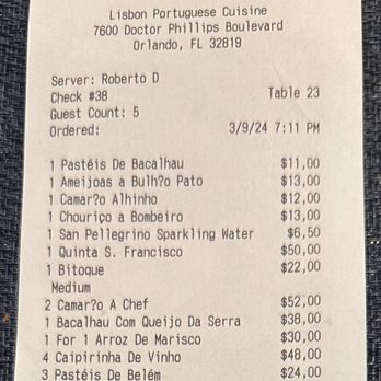 Lisbon Portuguese Restaurant - Receipt - not a bad choice on it. - Portuguese Near Me - Orlando, Florida Lisbon Portuguese Restaurant - Receipt - not a bad choice on it. - Portuguese Near Me - Orlando, Florida