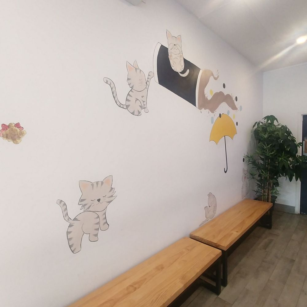 Benches along the wall with playful kitties :3 Benches along the wall with playful kitties :3