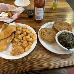 Rouse’s Restaurant - Flounder & Shrimp plate (big portion) with fried green tomatoes & turnip greens....